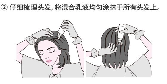 2.仔细梳理头发，将混合乳液均匀涂抹于所有头发上。