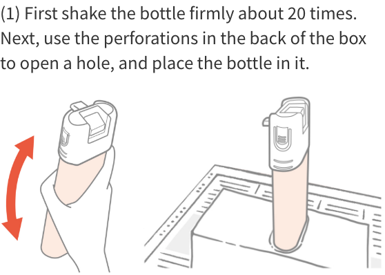 (1) First shake the bottle firmly about 30 times. Next, use the perforations in the back of the box to open a hole, and place the bottle in it.