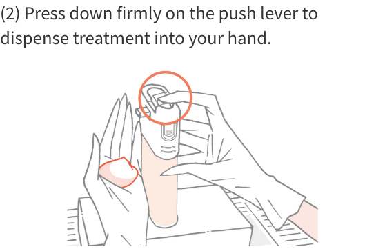 (2) Press down firmly on the push lever to dispense treatment into your hand.