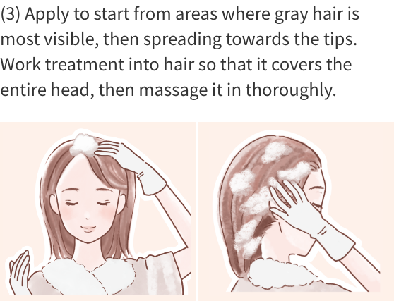 (3) Apply to hair, starting from areas where gray is most visible, then spreading towards the tips. Work treatment into hair so that it covers the entire head, then massage it in thoroughly.