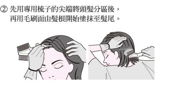 2.先用專用梳子的尖端將頭髮分區後，再用毛刷面由髮根開始塗抹至髮尾。